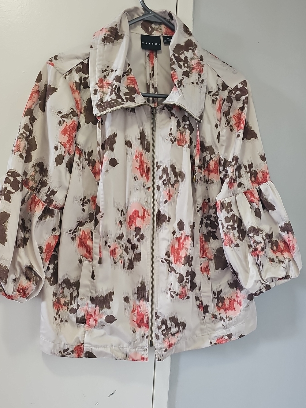 Tribal Cream Floral Zip Bomber Jacket with Pink & Brown Accents